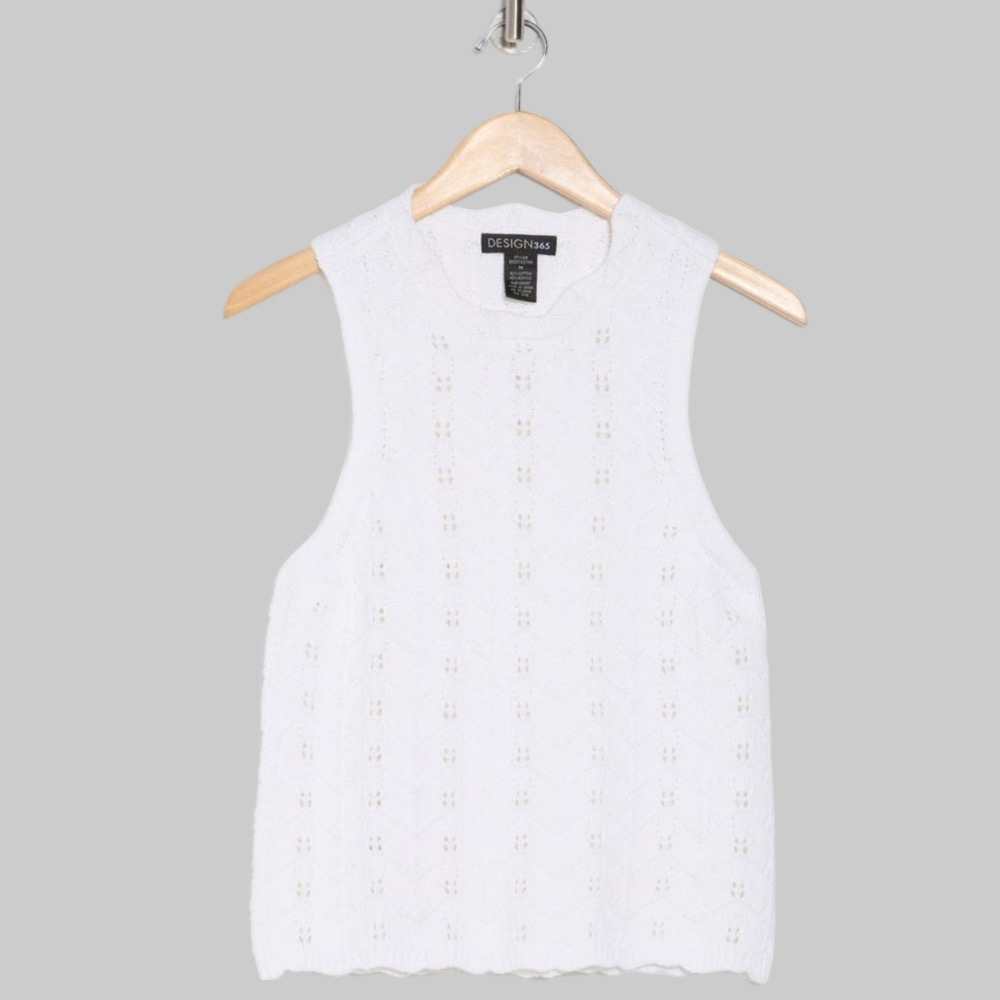 Design 365 Women’s White Sleeveless Crew Neck Pointelle Knit Sweater - Sz L, NWT